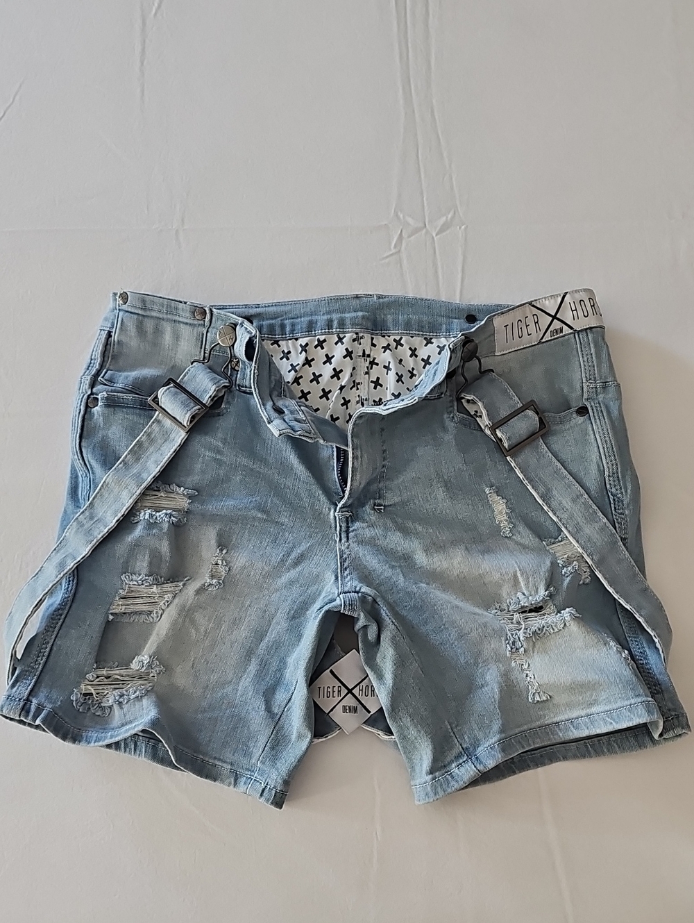 Light Wash Distressed Denim Shorts with Adjustable Straps
